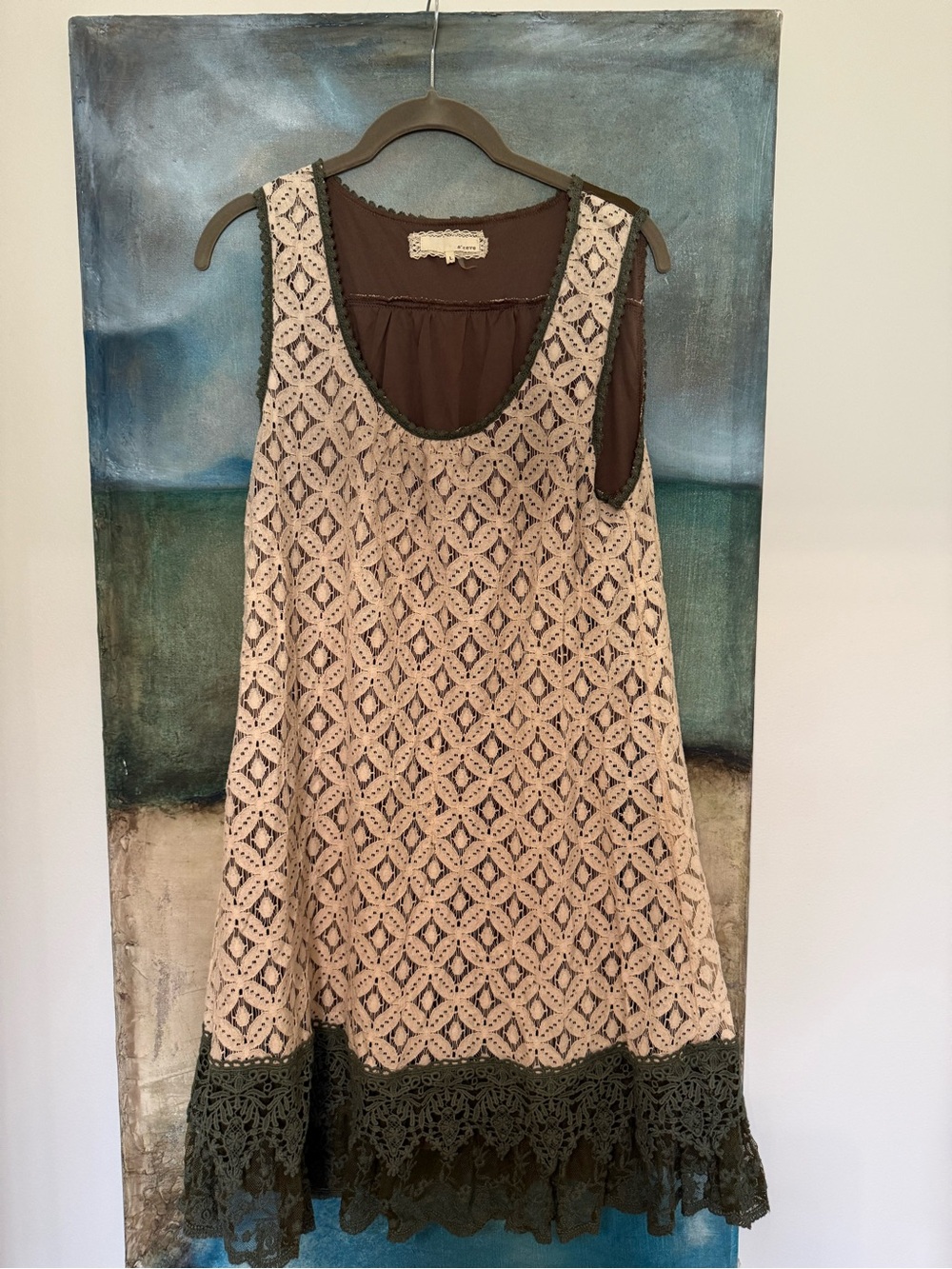Anthropologie A’reve Beige Lace Tunic with Olive Crochet Hem